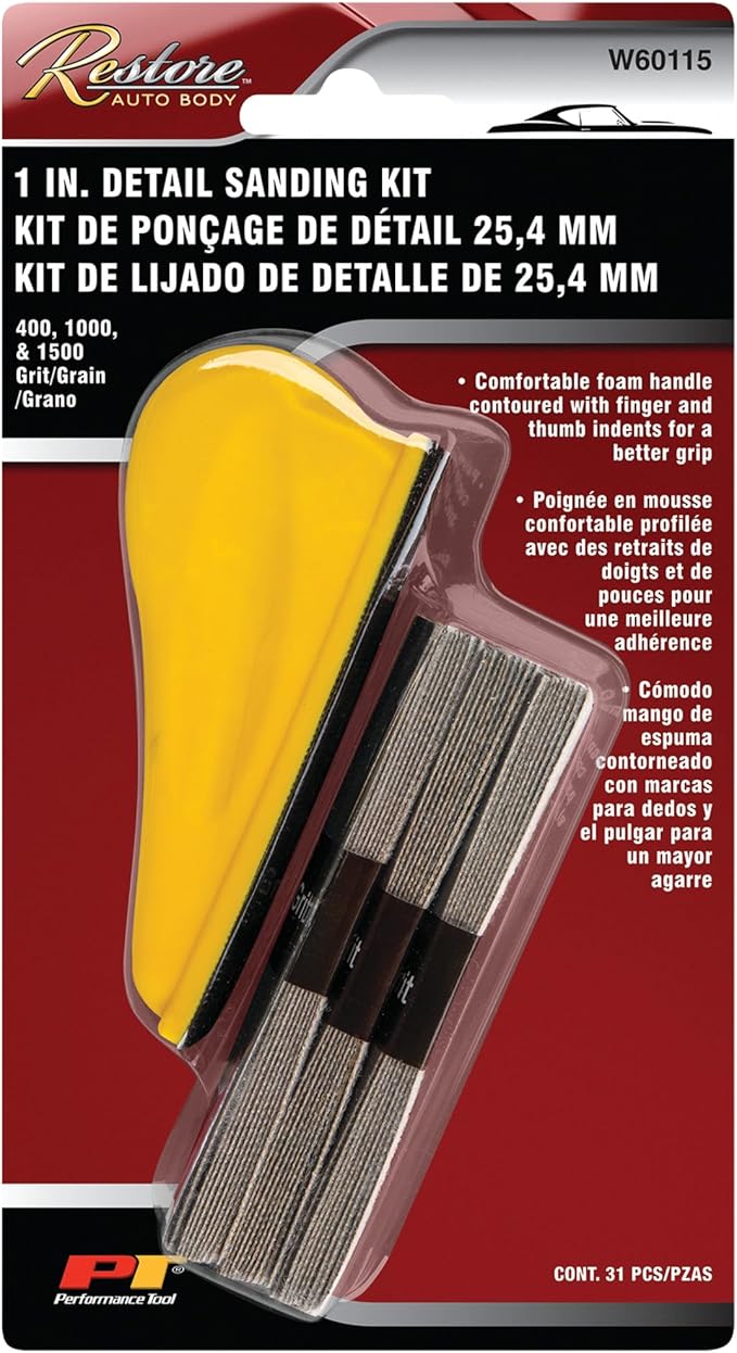 Performance Tool W60115 1 in. Detail Sanding Kit - Includes 10 Sheets of 400, 1,000, and 1,500-grit Sandpaper, Contoured Handle, Silicon Carbide, Wet and Dry Sanding, Yellow