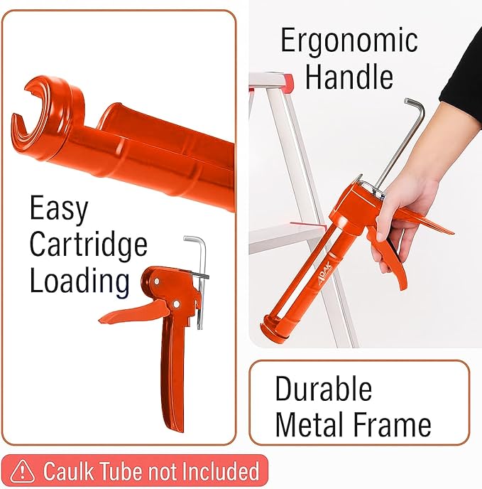 ADAK - Professional Caulking Gun, 10:1 Thrust Ratio, Caulking Gun No Drip, Hand Tool for Silicone & Sealant Application, Smooth Pressure Caulk Gun, Caulking Gun Tool (Orange)