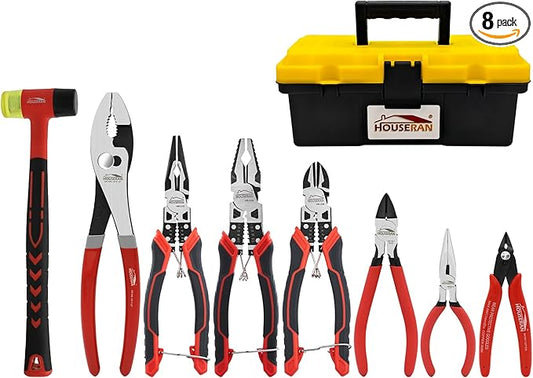 8-Piece Tool Set with Case Including 10” Slip Joint Pliers, 8.3” Long Nose, 8.3” Linesman, 7.5” Diagonal, 6” Flush Cutter, 5” Long Nose, 5” 170 Cutter, 25mm Rubber Mallet for DIY & Home Use