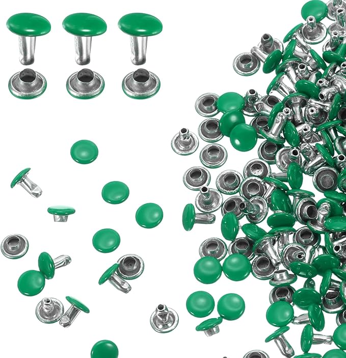 HARFINGTON 100 Sets Double Cap Leather Rivets, 6x6mm Round Cap Tubular Metal Studs Leather Crafting Rivets for Fabric Belt Pet Collar Boot Bag Repair and Decoration, Green