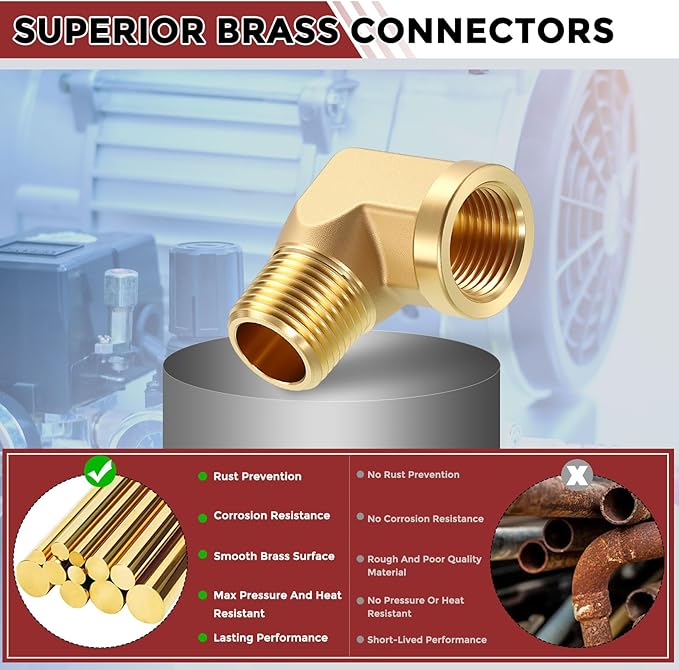 Pack of 2, 90° 3/8" NPT FeMale to 3/8" NPT Male Solid Brass Barstock Street Elbow, Forged Pipe Fitting for Pipe Leak Repair, Bathroom Remodeling, Tool Extensions, Compression
