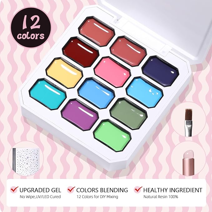 12 Color Patting Nail Gel Polish Kit, Ombre Painting Gel Palette with Brush & Silicone Patting Pen & Nail Art Stickers - UV/LED Curing for Gradient Nails, Beginner Friendly DIY Manicure Set