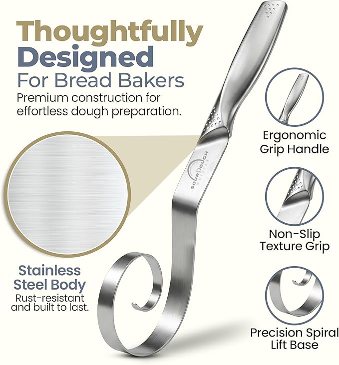 Seamless Dough Whisk, Stainless Steel Danish Dough Wisk, 9" Bread Whisk for Sourdough, Cookies, Pizza, Pastry, Dishwasher Safe Dough Hook