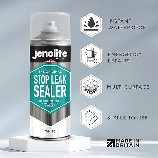 JENOLITE Stop Leak Sealer Spray White 400ml. Waterproof Sealant for Gutters and Flat Roofs. Leak Sealer for Pipe Leaks & Surface Crack, Indoor & Outdoor Repair Spray. Made in Britain