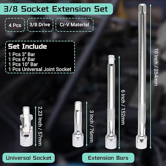 4 Pcs 3/8 Inch Socket Extension Set, CR-V Ratchet Extension Set Include 3, 6, 10 Inch Bars and 3/8" Universal Joint Socket for Ratchets and Torque Wrenches, Ideal for Repair, DIY