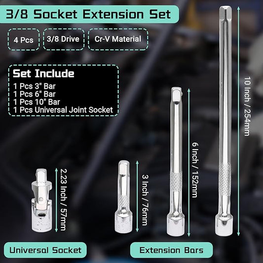 4 Pcs 3/8 Inch Socket Extension Set, CR-V Ratchet Extension Set Include 3, 6, 10 Inch Bars and 3/8" Universal Joint Socket for Ratchets and Torque Wrenches, Ideal for Repair, DIY
