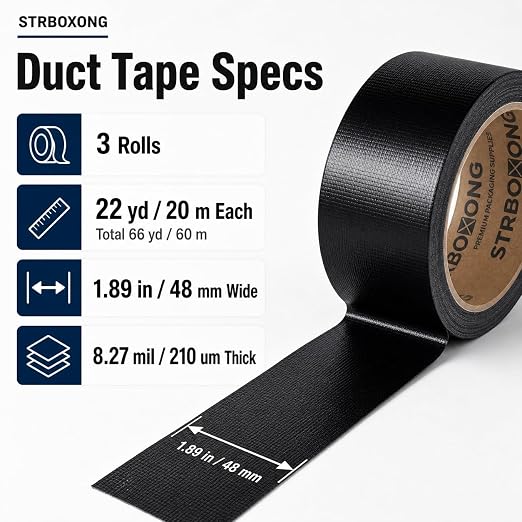 STRBOXONG Black Duct Tape Heavy Duty, 8.27 Mil Thick, 3 Rolls Strong Waterproof Cloth Backed Tape for Industrial Repair, Sealing, Bundling, Packing, Garage, Workshop and DIY, 1.89 in x 66 yd Total