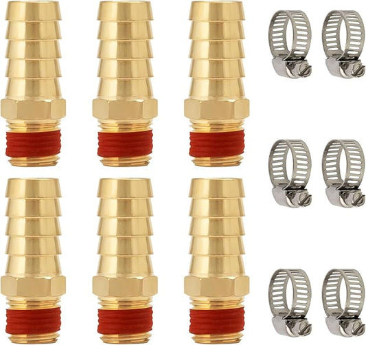 SUNGATOR 6-Pack 1/2" Barb to 1/4" NPT Air Hose Fittings, Brass Air Hose Repair Kit with Sealant, 1/2" to 1/4" NPT Male Brass Fittings, Barbed Gas Line Repair Connectors with 6 Clamps