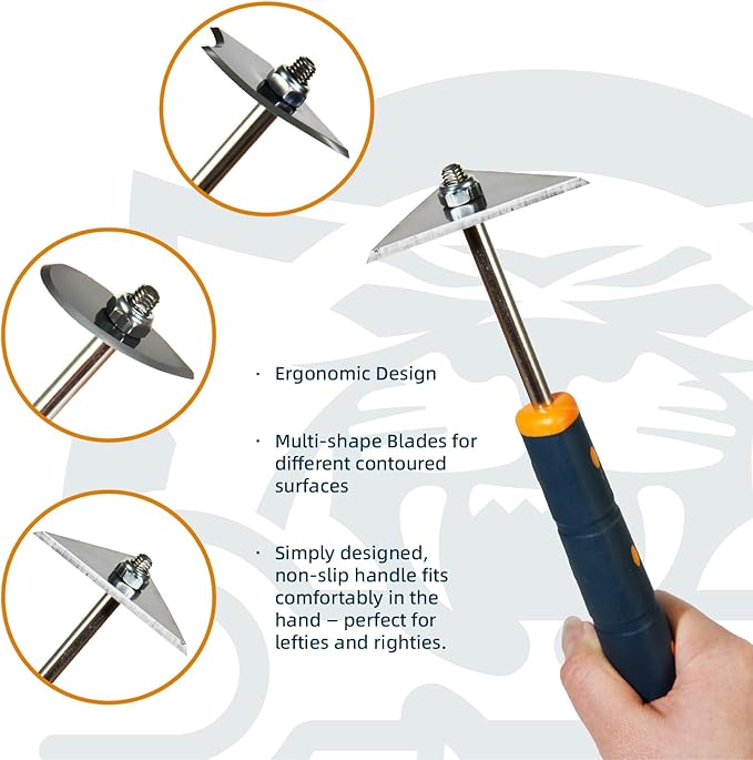 MANUFORE 13-Inch Contour Paint Scraper, Long Soft Grip Handle with 3 Interchangeable Blades for Paint, Varnish, Putty, Caulk and Rust Removal on Curved & Rounded Surfaces