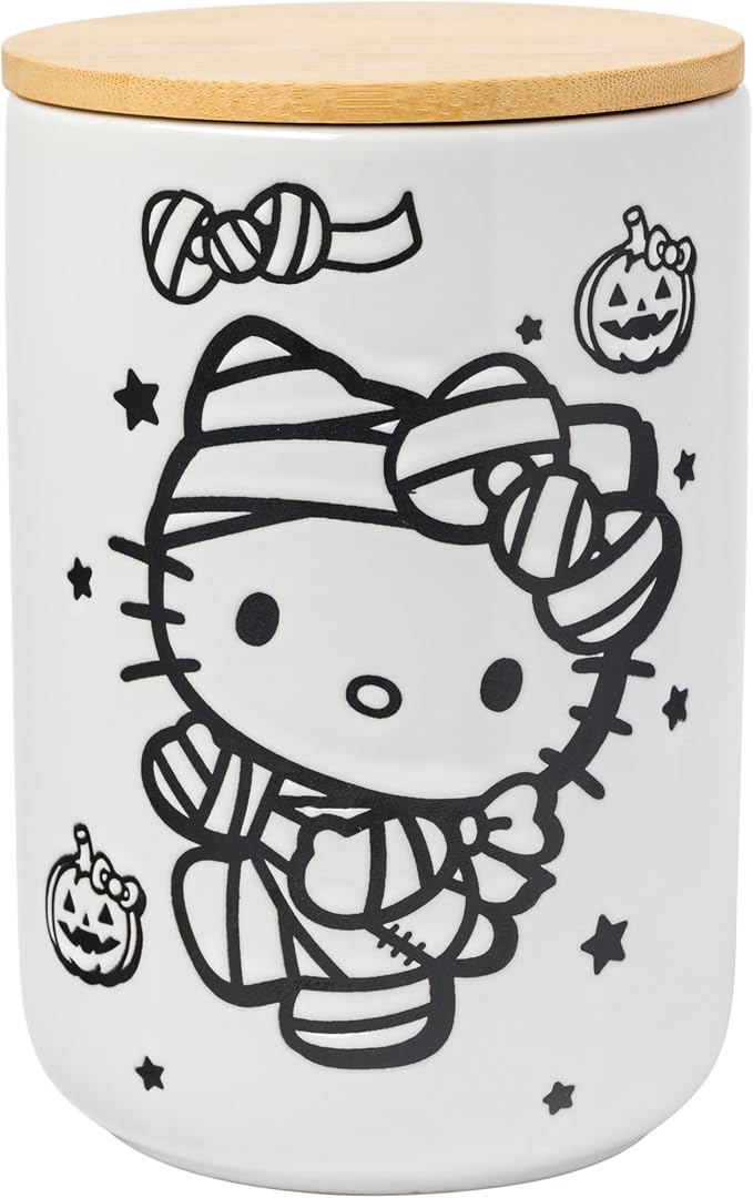 Silver Buffalo Sanrio Hello Kitty Halloween Spooky Mummy Ceramic Cookie Snack Candy Jar with Airtight Bamboo Lid (Small)