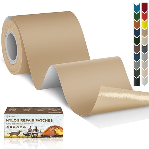 Cahomo 3x79 Inch Nylon Repair Patch Nylon Repair Tape Self Adhesive Fabric Tapes Outdoor Camping Gear Fabric kit for Tent, Umbrella, Down Jackets, Sleeping Bag, Knapsack（Khaki）
