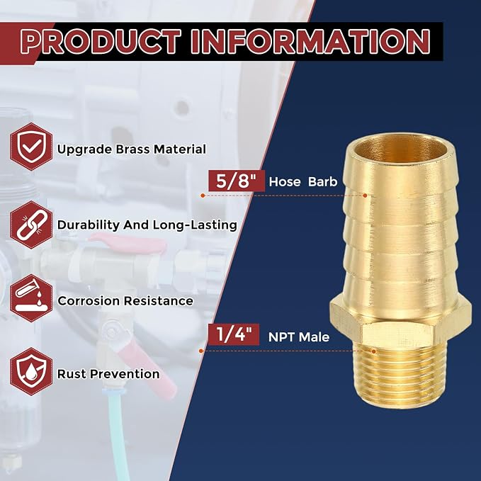 Pack of 2 Brass Hose Barbs Fittings 5/8" Hose Barbs to 1/4" NPT Male Fittings for Home Machines, Massage Bathtubs, and Irrigation Systems