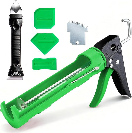 Caulk Gun Kit, Caulking Gun No Drip with 3 Silicone Caulking Tool and 3 in 1 Caulk Remover Tool, 15:1 Thrust Ratio, Professional Hand Caulking Gun Tool