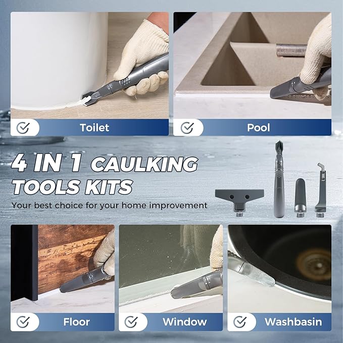 Sakerplus 3-in-1 Caulking Tool, Scraper & Silicone Trowel for Grout Removal and Caulk Smoothing, Sealant Application Tool for Bathroom Kitchen Tile Sink Window Frame (Aluminum Set, 1 Set)