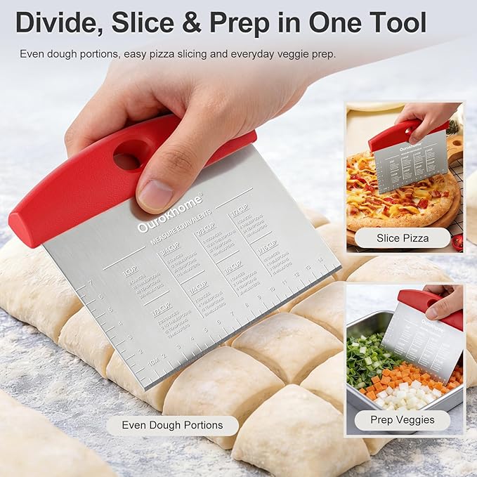 Ourokhome 2 Pack Bench Scraper Dough Cutter, Stainless Steel Dough Scraper with Laser-Etched Scale, Conversion Chart, Non-Slip Handle, Dishwasher Safe for Bread & Pastry, Red