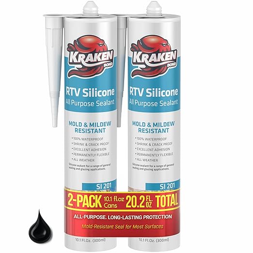 Kraken Bond Black Silicone Sealant Waterproof% 100-10 fl oz Cartridge, RTV Silicone Caulk Kitchen and Bathroom, All Purpose, Window Caulking Sealant Outdoor, RV, Exterior Use Silicon - 2 Pack