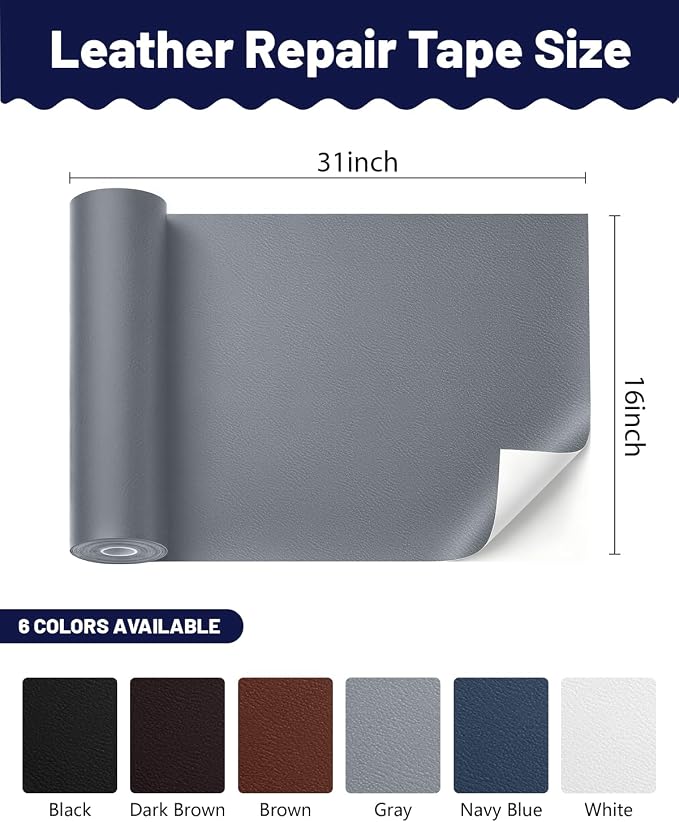 BOUYEER Leather Repair Patch Tape Kit,Self Adhesive Leather Repair for Sofa，Car Seat,Office Chair,Furniture,Jacket,Waterproof Strong Adhesive Vinyl Repair Kit. 16 in x 31 in,Fine Grained Gray