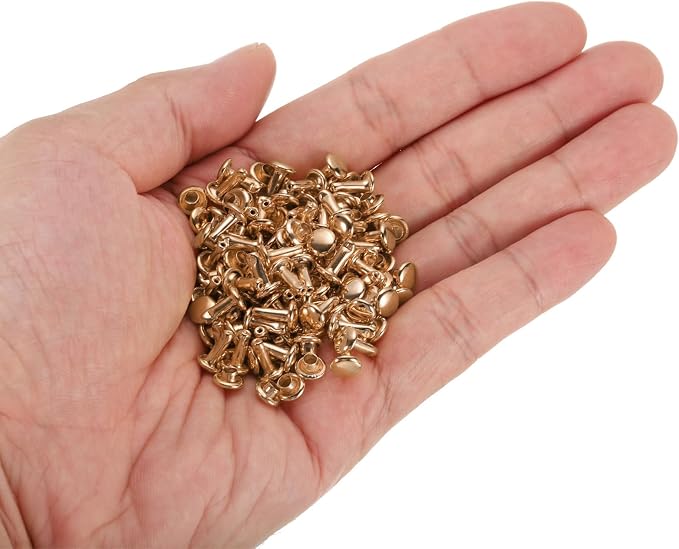 HARFINGTON 100 Sets Double Cap Leather Rivets, 6x8mm Round Cap Tubular Metal Studs Leather Crafting Rivets for Fabric Belt Pet Collar Boot Bag Repair and Decoration, Light Gold