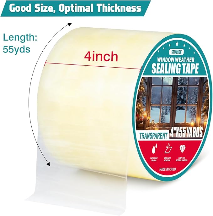 1Pack Window Weather Sealing Tape, 4in x 55y,Clear Waterproof Repair Tape, Window Insulation Tape for Doors Windows and Shower Glass Gaps,No Residue