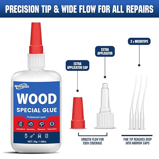 WOUSEDO Wood Glue 30g, Clear Fast Drying Cyanoacrylate Adhesive | CA Glue for Timber, Hardwood, Softwood, Particle Board, Furniture, Ideal for Woodworking & Craft Repair, Waterproof & Strong