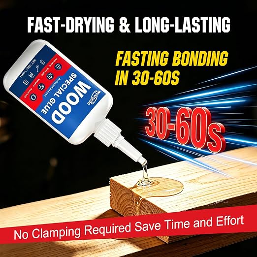 WOUSEDO Wood Glue 30g, Clear Fast Drying Cyanoacrylate Adhesive | CA Glue for Timber, Hardwood, Softwood, Particle Board, Furniture, Ideal for Woodworking & Craft Repair, Waterproof & Strong