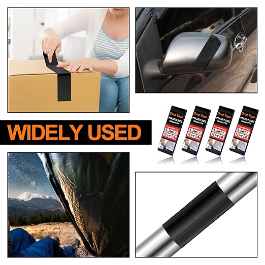 4 Pack 1.77 in x 10 ft Travel Duct Tape Mini Pocket Size Flat Roll Flexible Heavy Duty Waterproof Tear by Hand for Repair Outdoor Emergency Gear EDC DIY Craft Camping Hiking (Black)