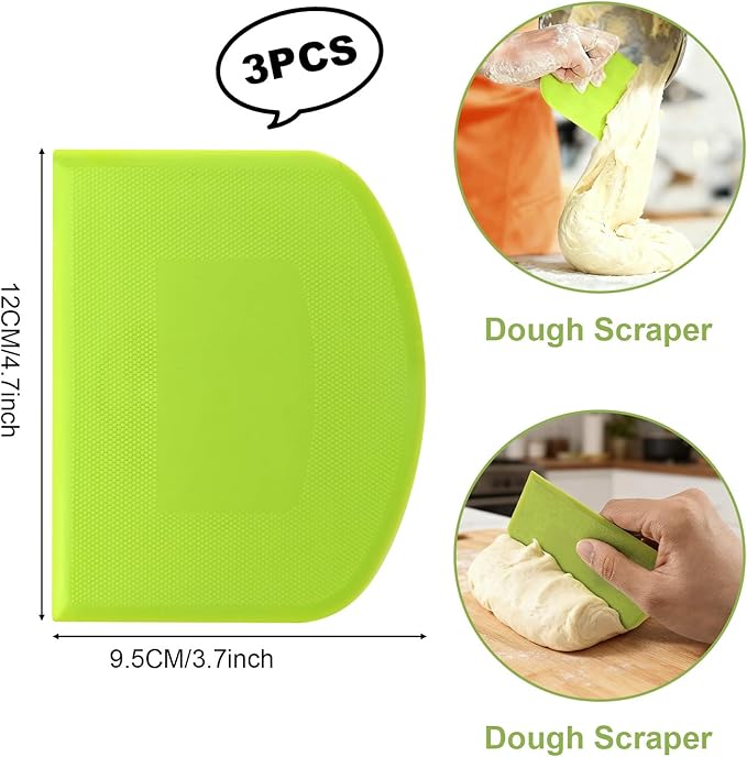 3-Piece Dough Scraper Set, 4.7x3.7 Inch Flexible Plastic Bowl and Bench Scrapers with Sharp Edges & Anti-Slip Grip for Baking, Pastry & Bread Making
