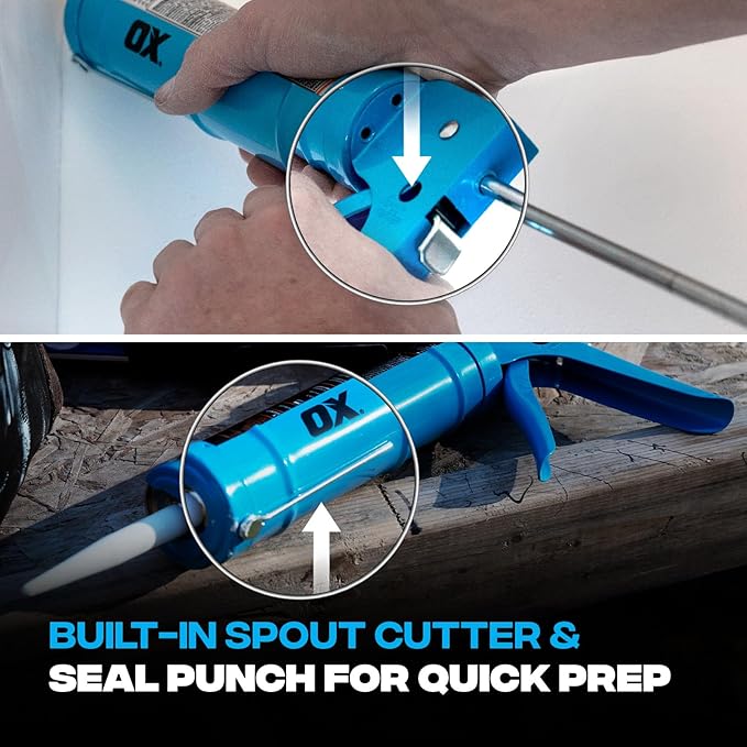 OX 10 oz Drip Free Caulk Gun - 10:1 Thrust Ratio Caulking Gun Tool with Seal Punch and Spout Cutter for Silicone - OX-T046205