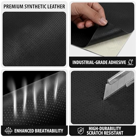 Qextce Perforated Leather Repair Patch Tape, Black, 17x100 Inch | Breathable, Self-Adhesive, For Furniture, Couches, Car Seats, Office Chairs, Faux Leather & Vinyl Repair Kit