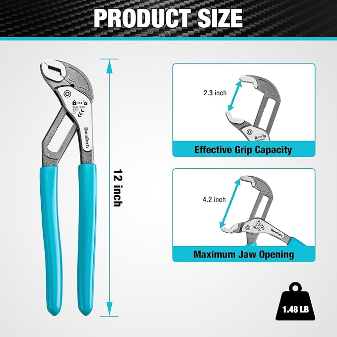 DURATECH 12-Inch Water Pump Pliers, Quick-Adjust Groove Joint Pliers, Tongue and Groove Plier with Slide-to-Unlock Mechanism, V-Jaw Design, CR-V Steel, for Plumbing, Automotive and Household Repairs