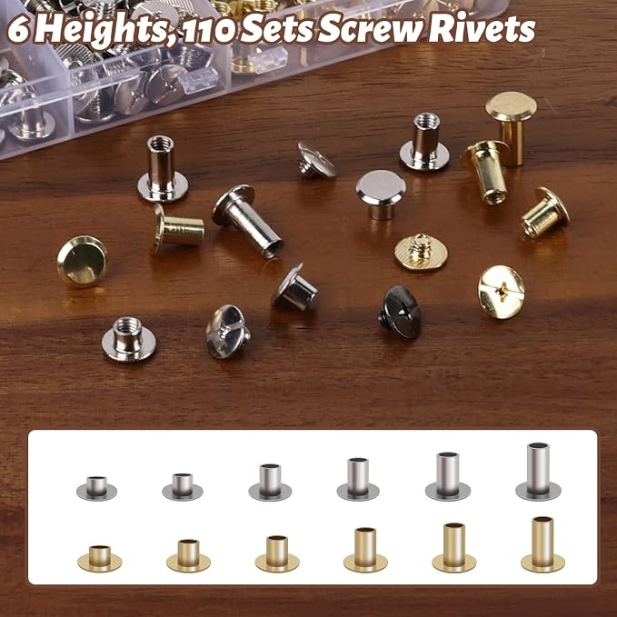 110 Sets Chicago Screws Leather Rivets, 6 Sizes (M5*4,5,6,8,10,12) Binding Screws for Leather Craft Belt Bookbinding DIY Repair (Gold & Silver)