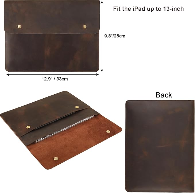 Leather Tablet Sleeve - 11/12.9/13 Inch iPad Pro Sleeve, Document Holder Folio File Holder, Genuine Leather iPad Case for Protection and Style-Dark Khaki