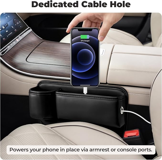 Universal Fit Car Seat Gap Filler Organizer, Premium Leather Console Organizer with Cup Holder, Easy Access to Phone Keys Glasses Wallet, Gifts for Car SUV Truck Owners, Black, 2 Pack