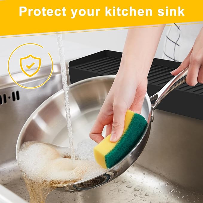 Kitlers Silicone Edge Protectors - Multifunction Sink Accessories, Splash Guard & Draining Mat for Kitchen, Bathroom Sink, Steel, Granite, Quartz Countertops(Black)