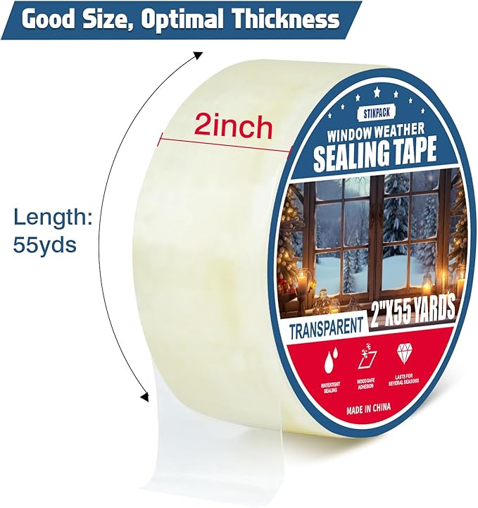 1Pack Window Weather Sealing Tape, 2in x 55y,Clear Window Insulation Tape for Doors Windows and Shower Glass Gaps,‎Waterproof,No Residue