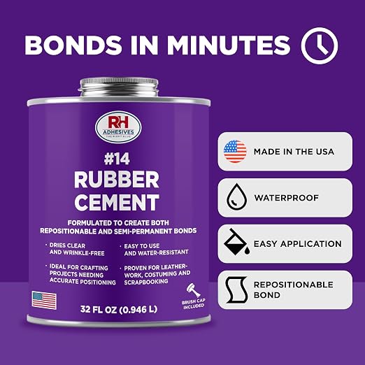 #14 Rubber Cement, 32 oz. can - Crafting, Leather, Upholstery, Costuming, Scrapbooking, DIY, Repostionable, Semi-Permanent - RH Adhesives