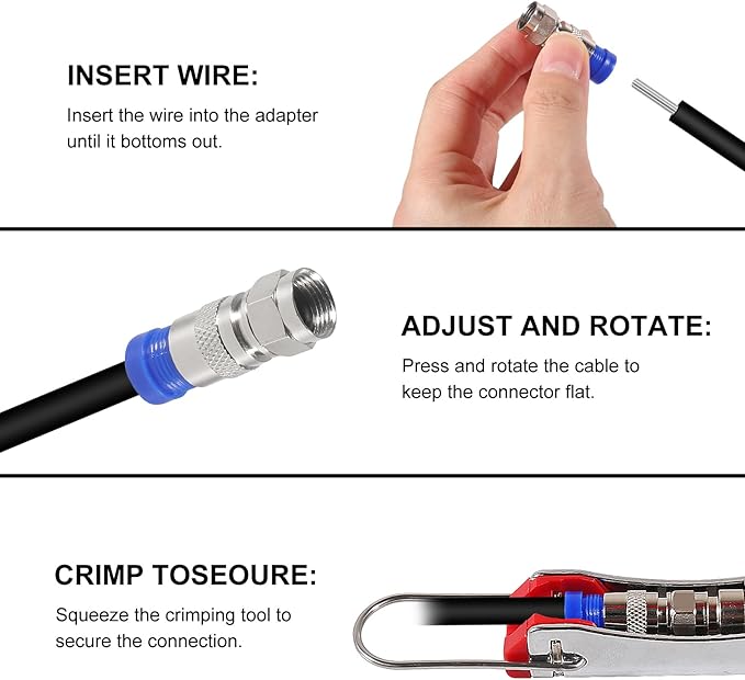 10Pcs F Type RG6 Compression Connectors Coaxial Cable Crimper Kit with Wire Stripper Repair Tool Compatible with RG59, RG6, RG11 Compatible Adjustable Tool for Satellite TV, Home Use