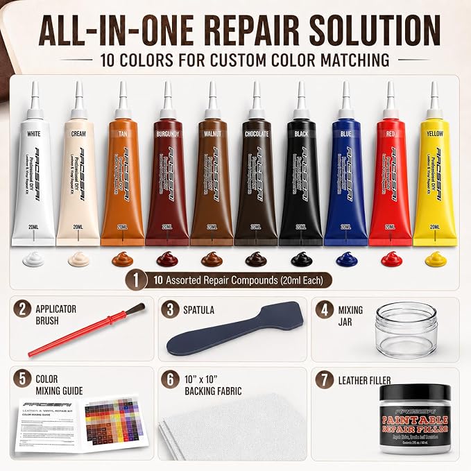 ARCSSAI Leather Repair Kit for Furniture, Sofa, Jacket, Car Seats and Purse. Leather Filler Super Easy Instructions to Match Any Color, Restore Any Material, Bonded, Italian, Pleather, Genuine