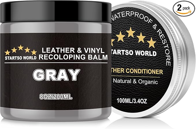 STARTSO WORLD 200Ml Leather Recoloring Balm with 100ML Leather Conditioner, Gray Leather Repair Kit for Furniture, Leather Dye, Leather Scratch Repair, Leather Couch Paint
