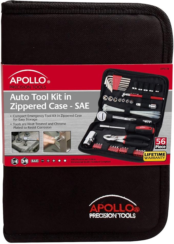 Apollo Tools 56 Piece Compact SAE Auto Tool Set in Zippered Case, Small Mechanic Tool Set for Car Emergency, Motorcycle Repair on the Road, Great for Travel Tool Needs - Red - DT9774 (Pack of 6)