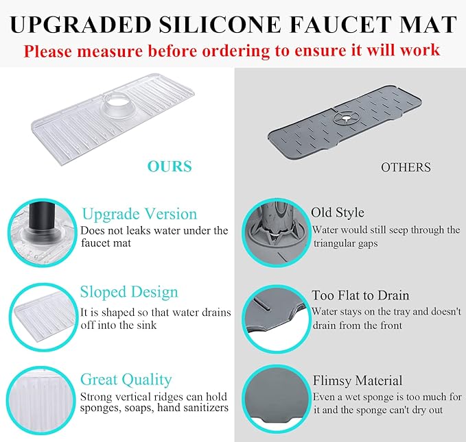 YATOISUR Sink Splash Guard 14.4” x 5.4” - Sink Faucet Mat with Faucet Water Catcher Mat & Soap Dish & Sponge Holder 3 in 1 - Silicone Faucet Handle Drip Catcher Tray for Kitchen RV & Bar Faucet, Clear