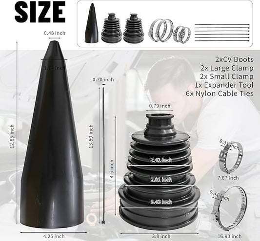 2PCS CV Boot Repair Kit with Expander Tool and Clamps,Silicone CV Axle Boot Repair Kit for 2.32" 2.86" 3.46" Calibers,Universal Tie Rod Boots for Joint Dustproof and Waterproof