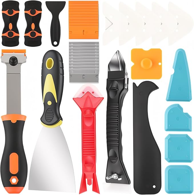 Silicone Caulking Tools with Razor Blade Scraper - 5-in-1 Caulk Removal Kit Plastic Razor Blades for Tile Grout Removal Repair Wall Floor Edge Finishing Window Sink Joint Frame Seal