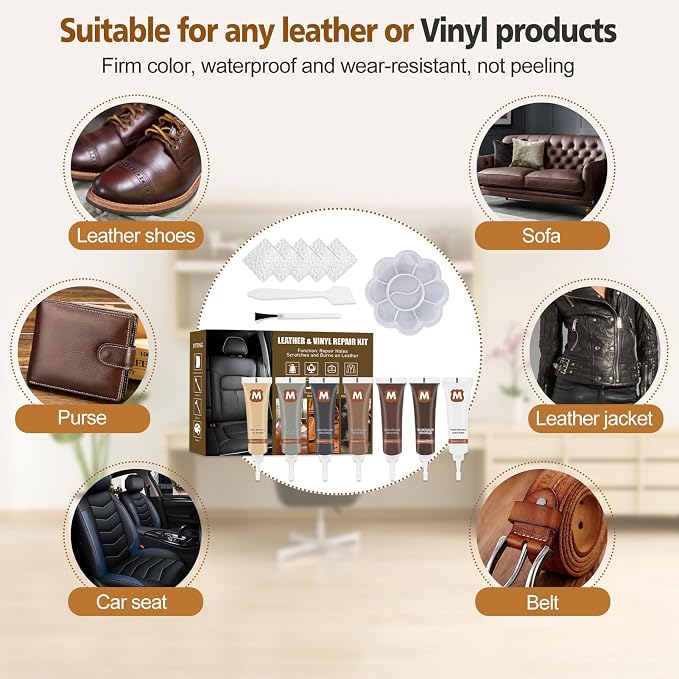 Ganbaro® Leather Repair Kit for Furniture, Leather Repair Paint Gel, Vinyl Repair Kit,Restorer of Scratch, Tears, Burn Holes, Leather Repair Gel for Sofa, Coats, Leather Jacket, Car Seat (7 Color)