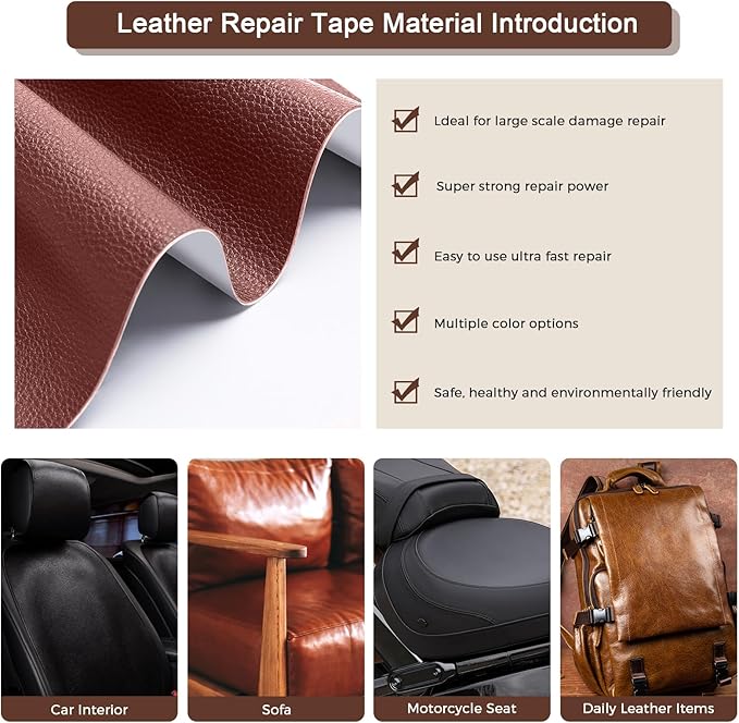 JDLUGH Sofa Leather Repair Patch Tape 15x60 Inch Large Self Adhesive Leather Sofa, Car Seat, Leather Furniture, Vinyl Repair Patch Kit (15x60 Inch, Red-Brown)