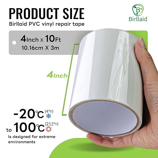 Birllaid Waterproof Clear Repair Tape Outdoor Heat Resistant Vinyl Patch Heavy Duty for Awning, Inflatable Pool, Air Mattress, Tarp,Tent, Duct, Rain Gear, 4 Inch x 10 Ft