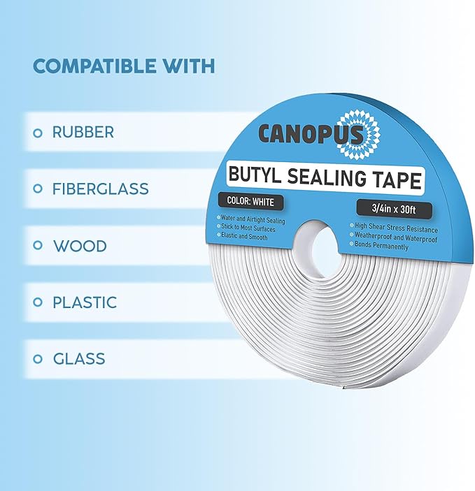 CANOPUS Butyl Seal Tape, White, 1/8-in x 3/4-in x 30-ft, Heavy Duty, Waterproof Sealant Putty Tape, Rubber Tape to Seal RV, Boat, Home Pipes and Car Windows Leaks