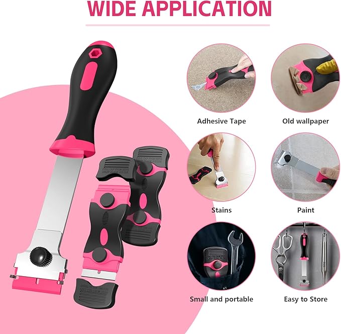 Ywmoml 3 Pack Razor Blade Scraper Set, Includes 30 Plastic & 30 Metal Blades, Multi-Purpose Tool for Glass, Cooktop, Sticker Removal, Paint & Gum Cleaning (Pink)
