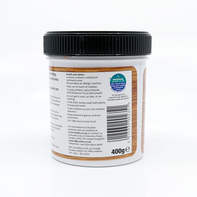 Rustins AWOOT250 Acrylic Wood Filler, Teak, 400g- Multi-Purpose Wood Repair Compound for Cracks, Gaps, & Surface Imperfections – Quick-Drying, Sandable, & Paintable for Interior & Exterior Use