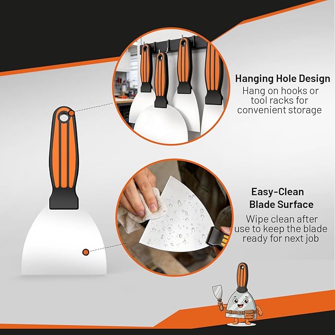Fishark Putty Knife Set, 4 Pcs Stainless Steel Spackle Knives in 2”, 3”, 4”, 6”, Multi-Purpose Tools for Drywall Repair, Paint Scraping, Taping, Wallpaper Removal, Putty, Plaster & Adhesive